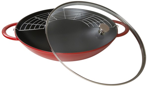 Wok Kirschrot mit Glasdeckel 5.7 lt., 37cm