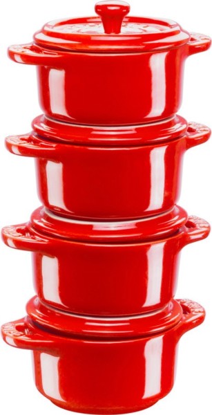 4er Set Keramik Mini Cocotte rund kirschrot 0.2l D10cm