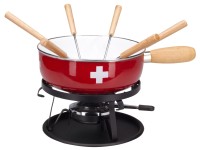 Käsefondue-Set, Emaille "CH-Kreuz",9-teilig,Ø22 cm,rot